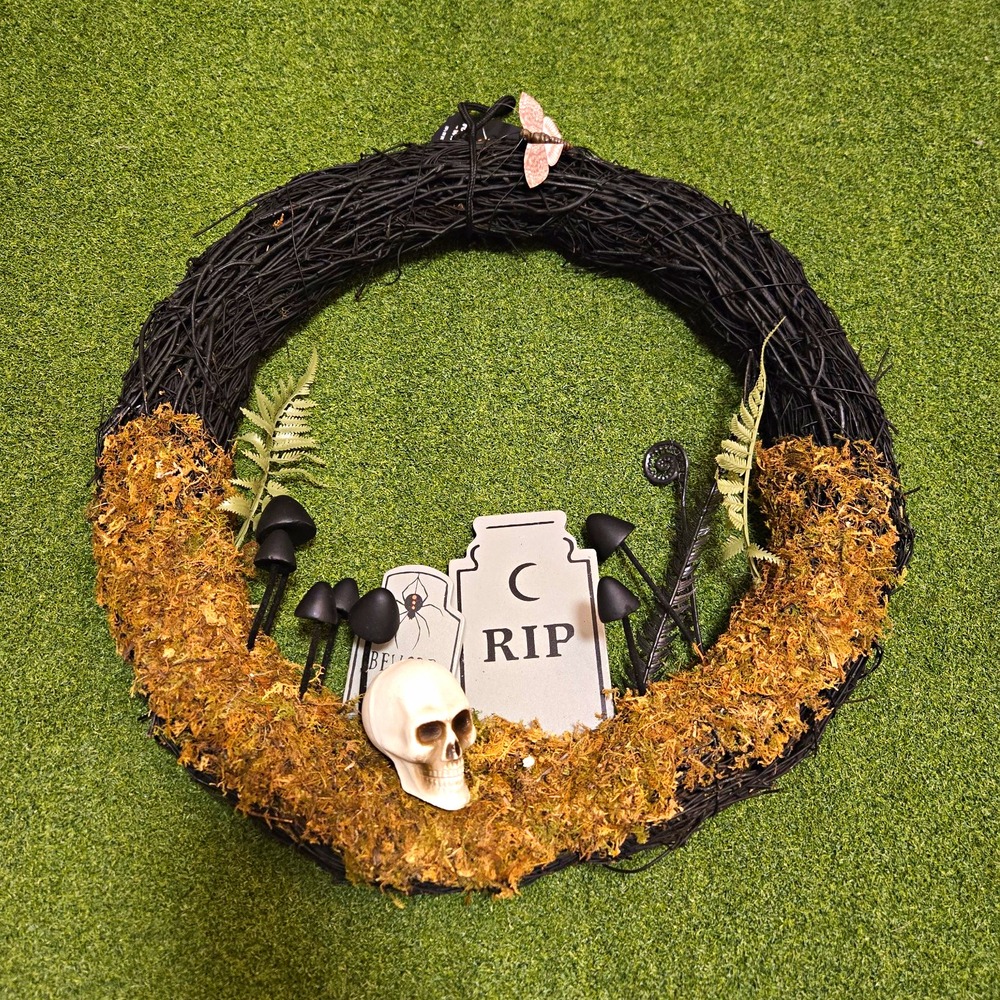 Halloween Graveyard Twig Wreath Black Skull RIP Tombstone Door Decor